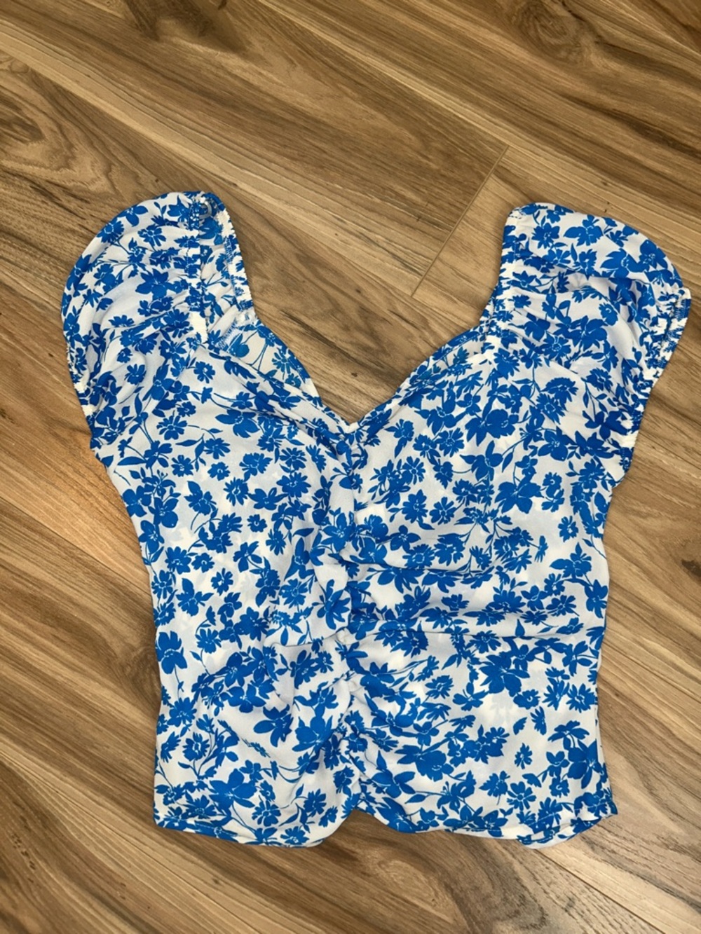 White and Blue Floral V-Neck Crop Top